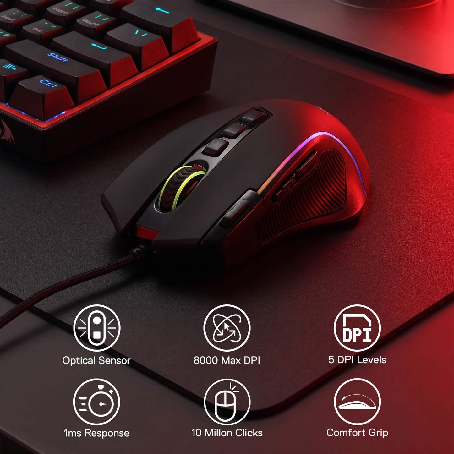 A black gaming mouse with RGB lighting on a dark desk mat, next to a red-backlit keyboard. The image includes feature icons for optical sensor, 8000 DPI, 5 DPI levels, 1ms response, 10 million clicks, and comfort grip.
