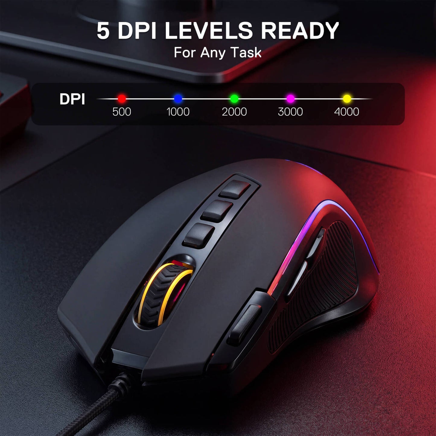 A black gaming mouse with RGB lighting on a dark desk surface, shown with a DPI feature graphic overlay at the top.