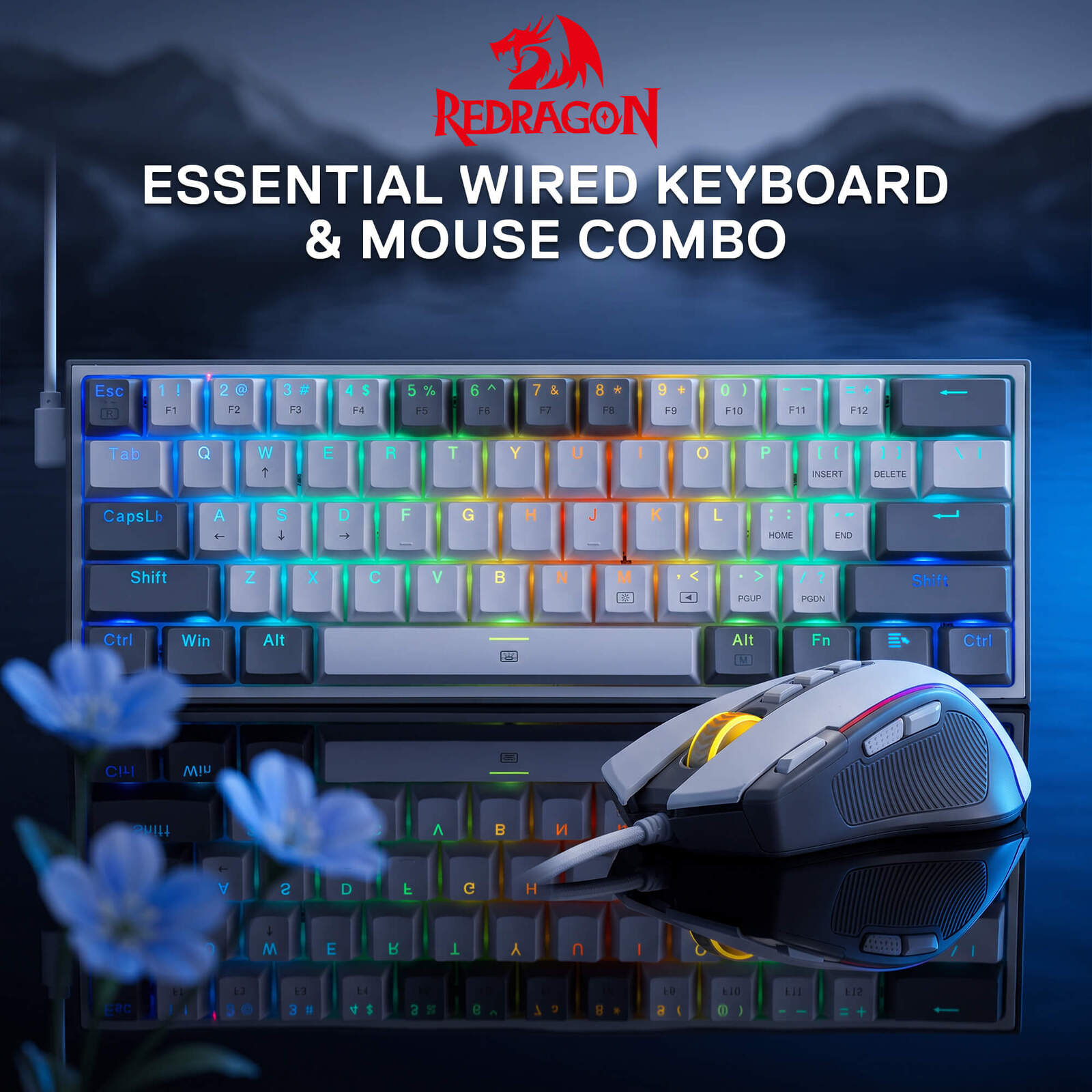 Redragon essential wired keyboard and mouse combo, featuring a compact mechanical keyboard with RGB backlighting and a matching gaming mouse, set against a dark blue background with the Redragon logo and product name at the top.