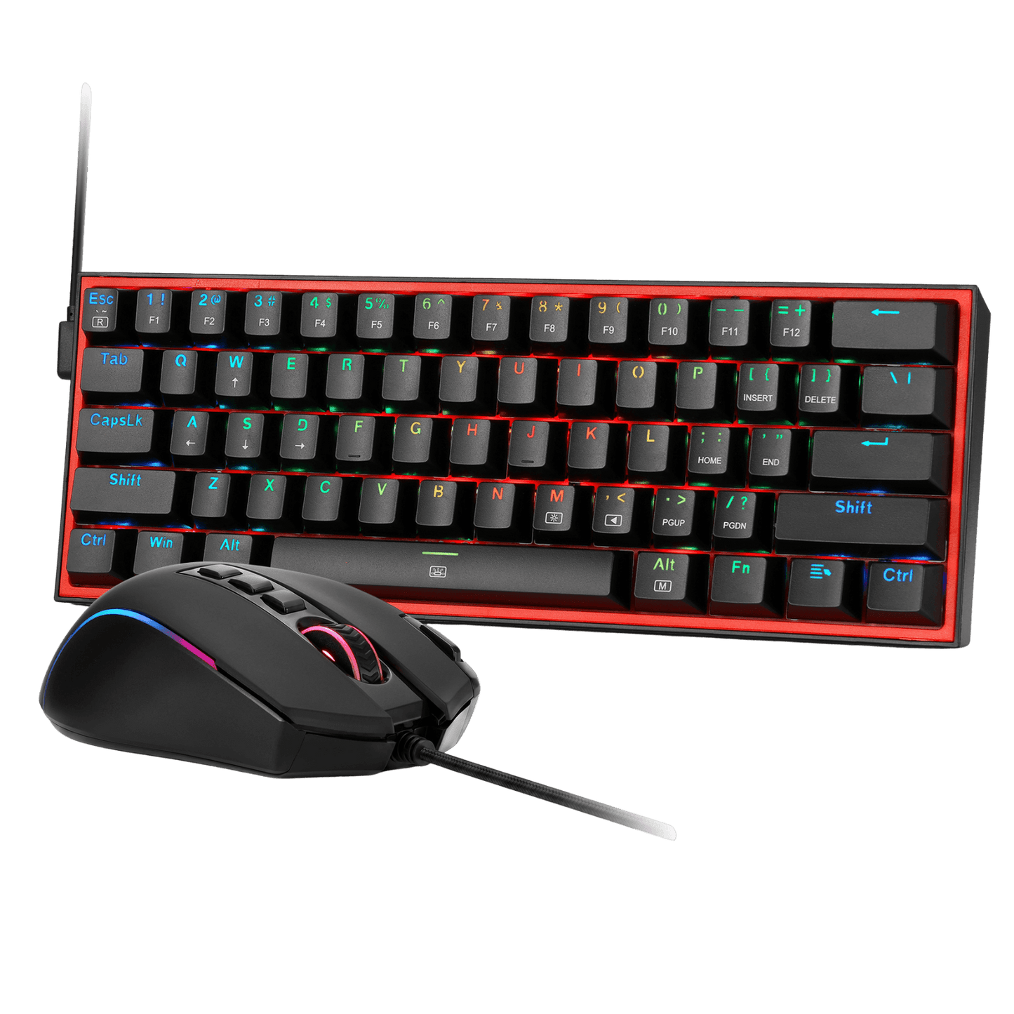 A wireless gaming setup set featuring a black 75% mechanical keyboard with RGB backlighting and a matching black wireless gaming mouse with a flexible neck, shown against a solid black background.
