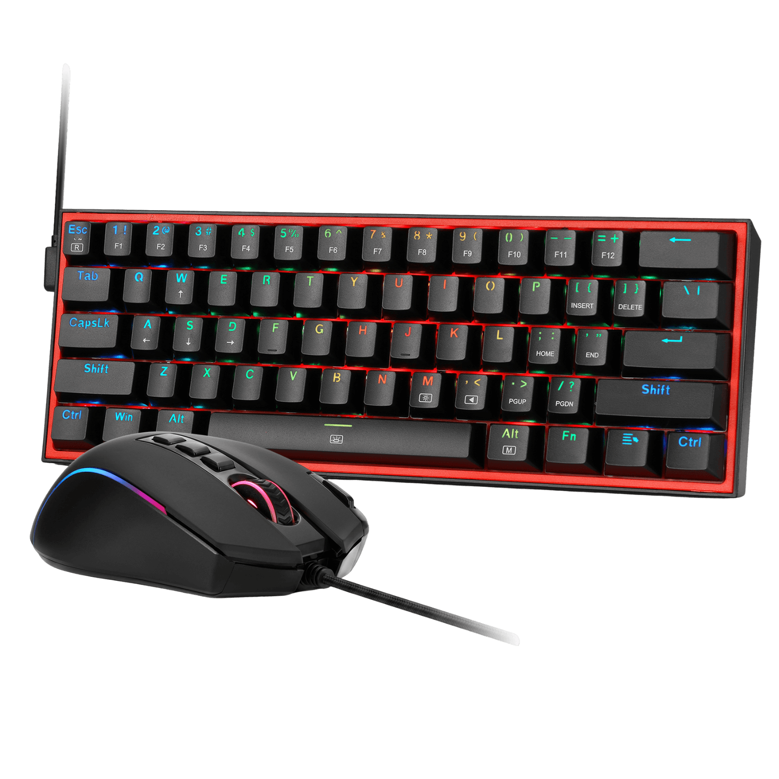 A wireless gaming setup set featuring a black 75% mechanical keyboard with RGB backlighting and a matching black wireless gaming mouse with a flexible neck, shown against a solid black background.