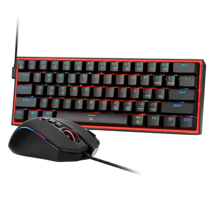 A wireless gaming setup set featuring a black 75% mechanical keyboard with RGB backlighting and a matching black wireless gaming mouse with a flexible neck, shown against a solid black background.