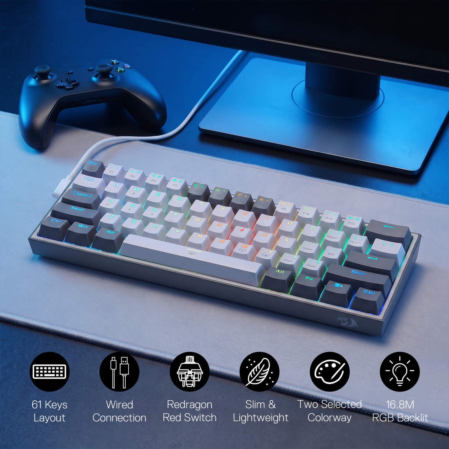 A compact mechanical keyboard with a gray and white keycap layout and RGB backlighting, shown on a desk mat with a game controller and monitor in a blue-lit gaming setup. Text icons at the bottom highlight features including 61 keys, wired connection, redragon red switch, slim lightweight design, two selected colorways, and 16.