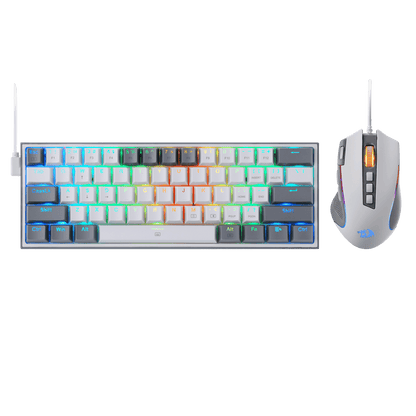 A wireless gaming keyboard and mouse set on a solid black background. The keyboard features a white base with multicolor RGB backlighting across the keys and a separate antenna on the left. | show