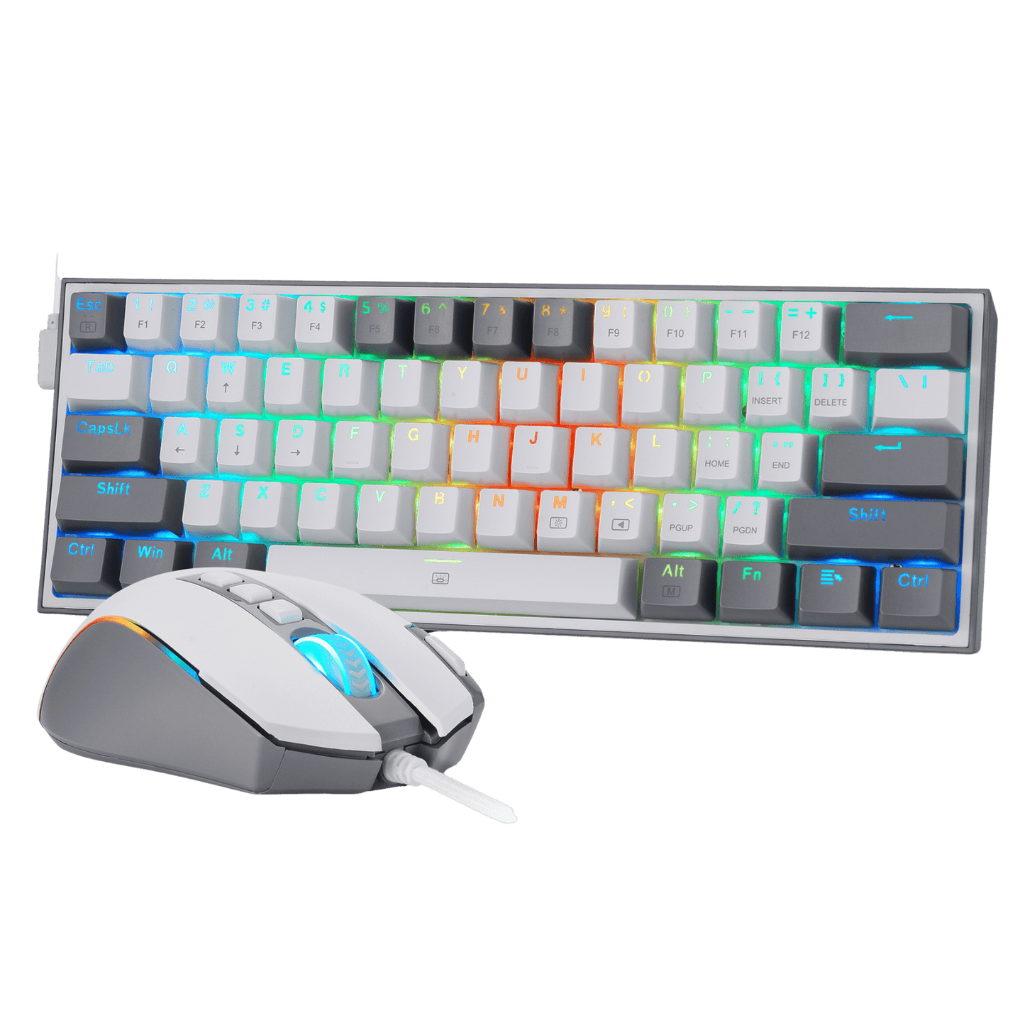 A gaming keyboard and matching wired mouse set against a solid black background. The keyboard features white, gray, and blue keycaps with multicolor RGB backlighting.
