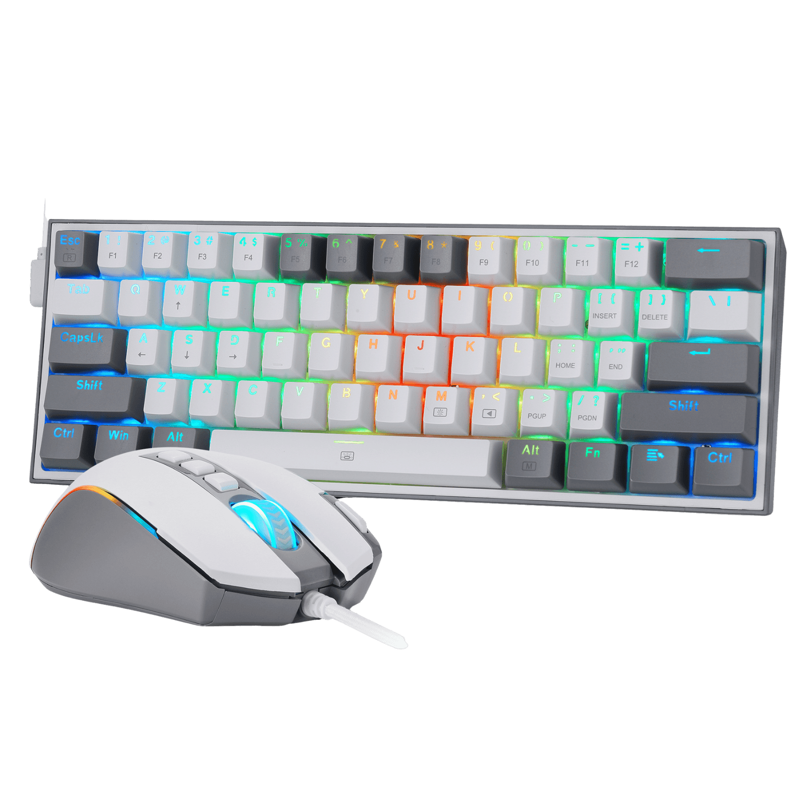A gaming keyboard and matching wired mouse set against a solid black background. The keyboard features white, gray, and blue keycaps with multicolor RGB backlighting.
