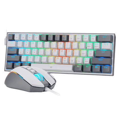 A gaming keyboard and matching wired mouse set against a solid black background. The keyboard features white, gray, and blue keycaps with multicolor RGB backlighting.