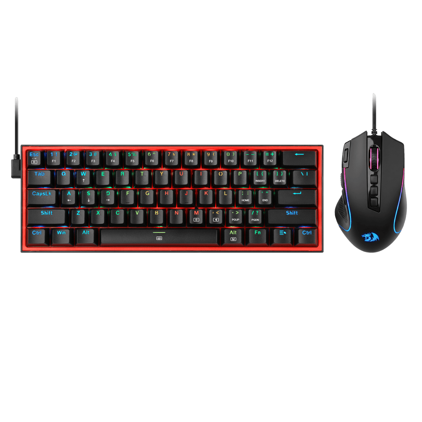 A gaming keyboard and mouse set on a solid black background. The keyboard features a black chassis with a vibrant red LED border and multicolor RGB backlighting on the keys. | show