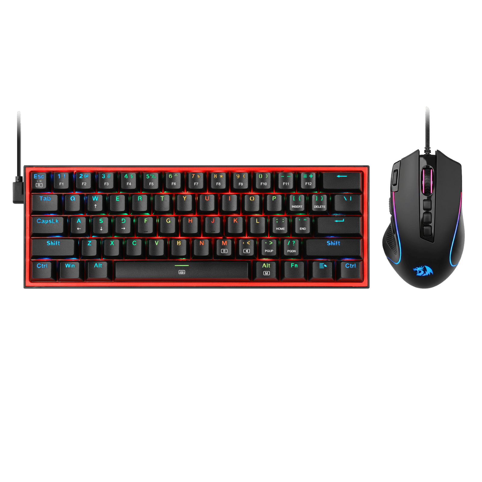 A gaming keyboard and mouse set on a solid black background. The keyboard features a black chassis with a vibrant red LED border and multicolor RGB backlighting on the keys. | show