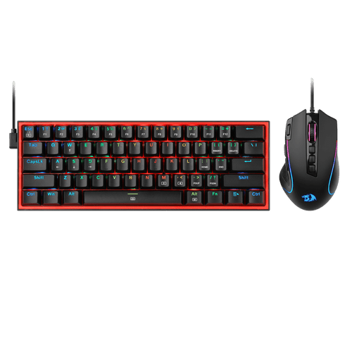 A gaming keyboard and mouse set on a solid black background. The keyboard features a black chassis with a vibrant red LED border and multicolor RGB backlighting on the keys. | show