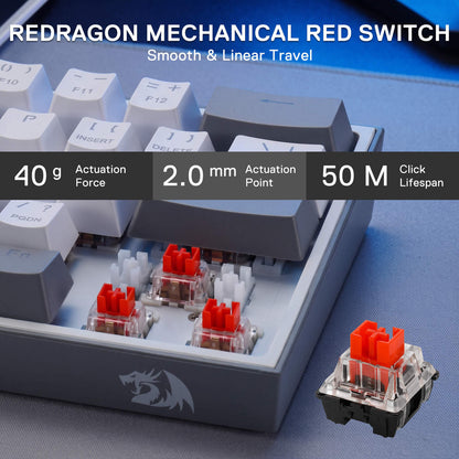 A close-up of a mechanical keyboard switch product showing a red switch being sold, with other gray and white keycaps in the same switch tray and a standalone red switch in the lower right. Text overlays describe the switch features: REDRAGON MECHANICAL RED SWITCH, Smooth & Linear Travel, 40 g Actuation Force, 2.