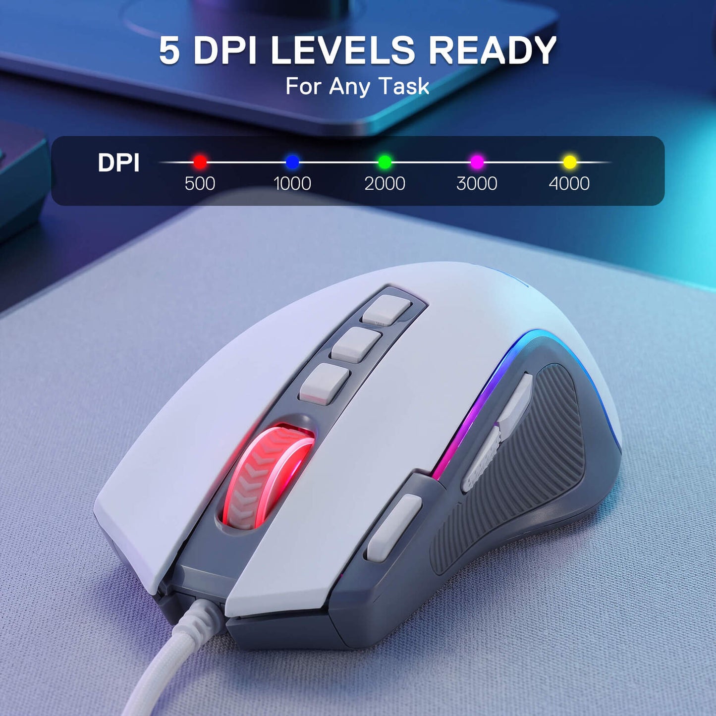 A white and dark gray gaming mouse with RGB lighting on a gray desk mat, featuring a DPI explanation graphic overlay at the top.