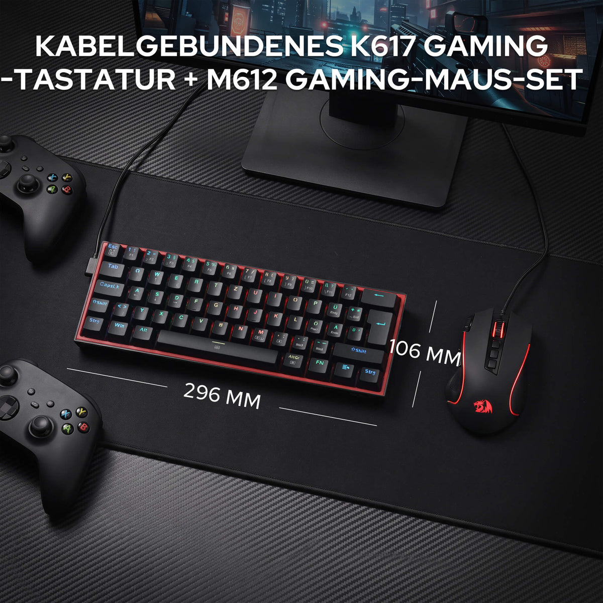 Redragon CB201 QWERTZ Redragon CB201 Kabelgebunden Gaming‑Combo 60%‑Compact‑Layout Hot‑Swap RGB‑Modi, 5 DPI‑Stufen 8000 DPI, 11 programmierbare Maustasten, Makro‑Schnellfeuer‑Funktion, PRO‑Software