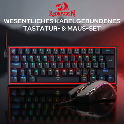 Redragon CB201 QWERTZ Redragon CB201 Kabelgebunden Gaming‑Combo 60%‑Compact‑Layout Hot‑Swap RGB‑Modi, 5 DPI‑Stufen 8000 DPI, 11 programmierbare Maustasten, Makro‑Schnellfeuer‑Funktion, PRO‑Software