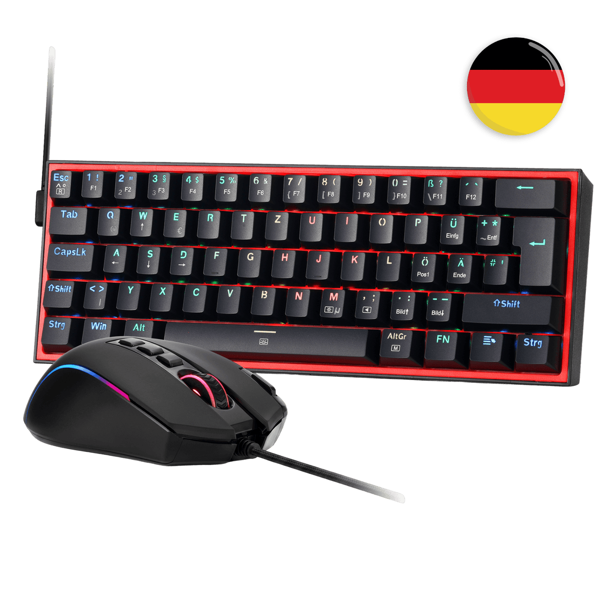 Redragon CB201 QWERTZ Redragon CB201 Kabelgebunden Gaming‑Combo 60%‑Compact‑Layout Hot‑Swap RGB‑Modi, 5 DPI‑Stufen 8000 DPI, 11 programmierbare Maustasten, Makro‑Schnellfeuer‑Funktion, PRO‑Software