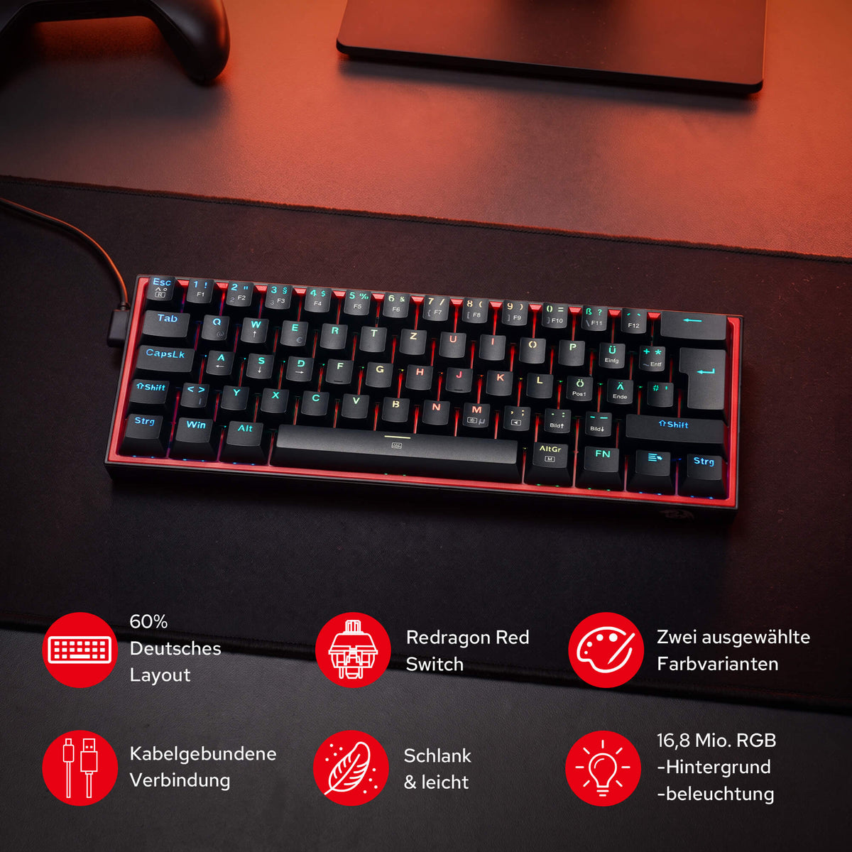 Redragon CB201 QWERTZ Redragon CB201 Kabelgebunden Gaming‑Combo 60%‑Compact‑Layout Hot‑Swap RGB‑Modi, 5 DPI‑Stufen 8000 DPI, 11 programmierbare Maustasten, Makro‑Schnellfeuer‑Funktion, PRO‑Software