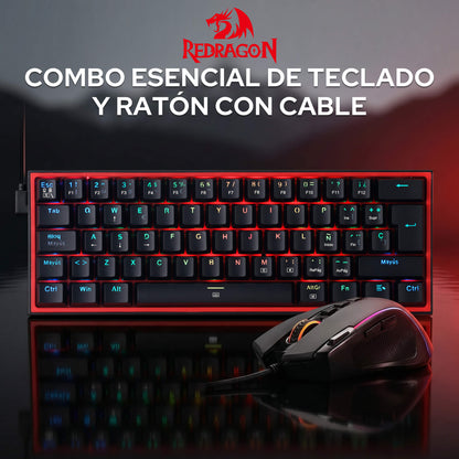 Redragon CB201 QWERTY: combo para juegos con cable Redragon CB201, diseño compacto al 60 %, modos RGB intercambiables en caliente, 5 niveles de DPI hasta 8000 DPI, 11 botones programables en el ratón, función de disparo rápido con macros y software PRO
