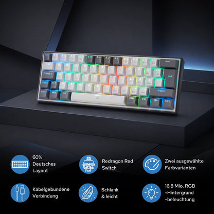 Redragon CB201 QWERTZ Redragon CB201 Kabelgebunden Gaming‑Combo 60%‑Compact‑Layout Hot‑Swap RGB‑Modi, 5 DPI‑Stufen 8000 DPI, 11 programmierbare Maustasten, Makro‑Schnellfeuer‑Funktion, PRO‑Software