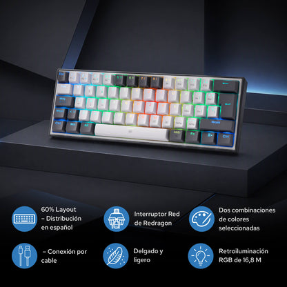 Redragon CB201 QWERTY: combo para juegos con cable Redragon CB201, diseño compacto al 60 %, modos RGB intercambiables en caliente, 5 niveles de DPI hasta 8000 DPI, 11 botones programables en el ratón, función de disparo rápido con macros y software PRO
