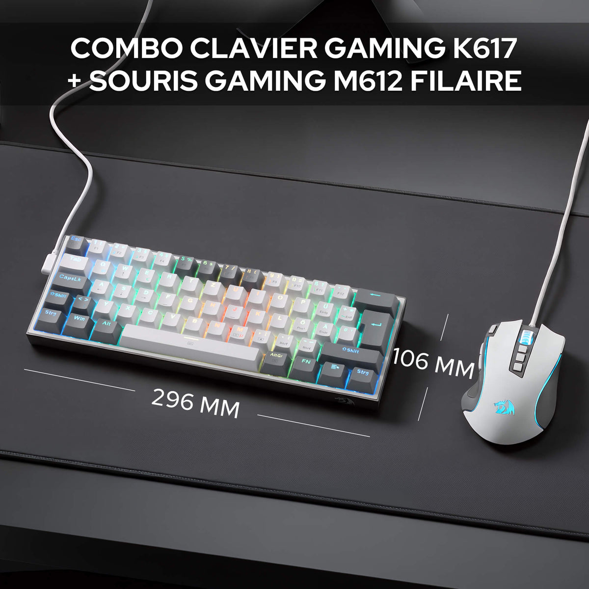 Redragon CB201 QWERTZ Redragon CB201 Kabelgebunden Gaming‑Combo 60%‑Compact‑Layout Hot‑Swap RGB‑Modi, 5 DPI‑Stufen 8000 DPI, 11 programmierbare Maustasten, Makro‑Schnellfeuer‑Funktion, PRO‑Software