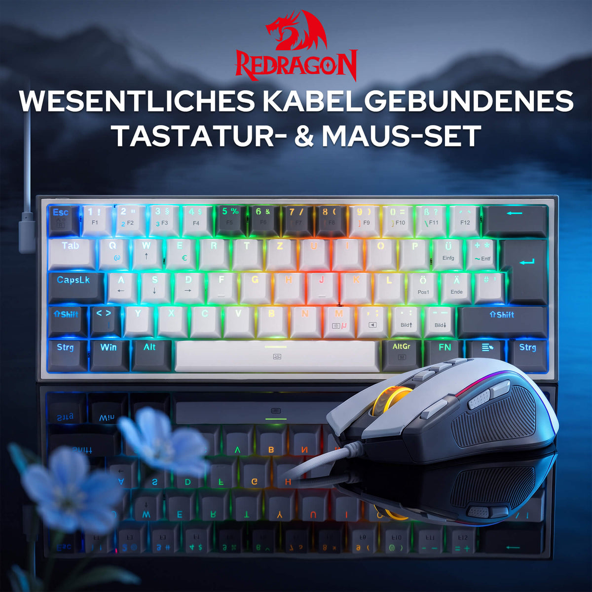 Redragon CB201 QWERTZ Redragon CB201 Kabelgebunden Gaming‑Combo 60%‑Compact‑Layout Hot‑Swap RGB‑Modi, 5 DPI‑Stufen 8000 DPI, 11 programmierbare Maustasten, Makro‑Schnellfeuer‑Funktion, PRO‑Software