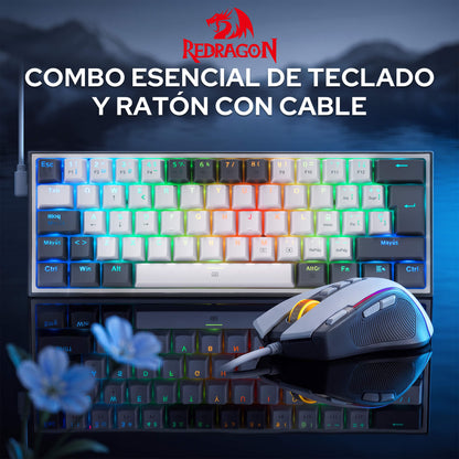 Redragon CB201 QWERTY: combo para juegos con cable Redragon CB201, diseño compacto al 60 %, modos RGB intercambiables en caliente, 5 niveles de DPI hasta 8000 DPI, 11 botones programables en el ratón, función de disparo rápido con macros y software PRO