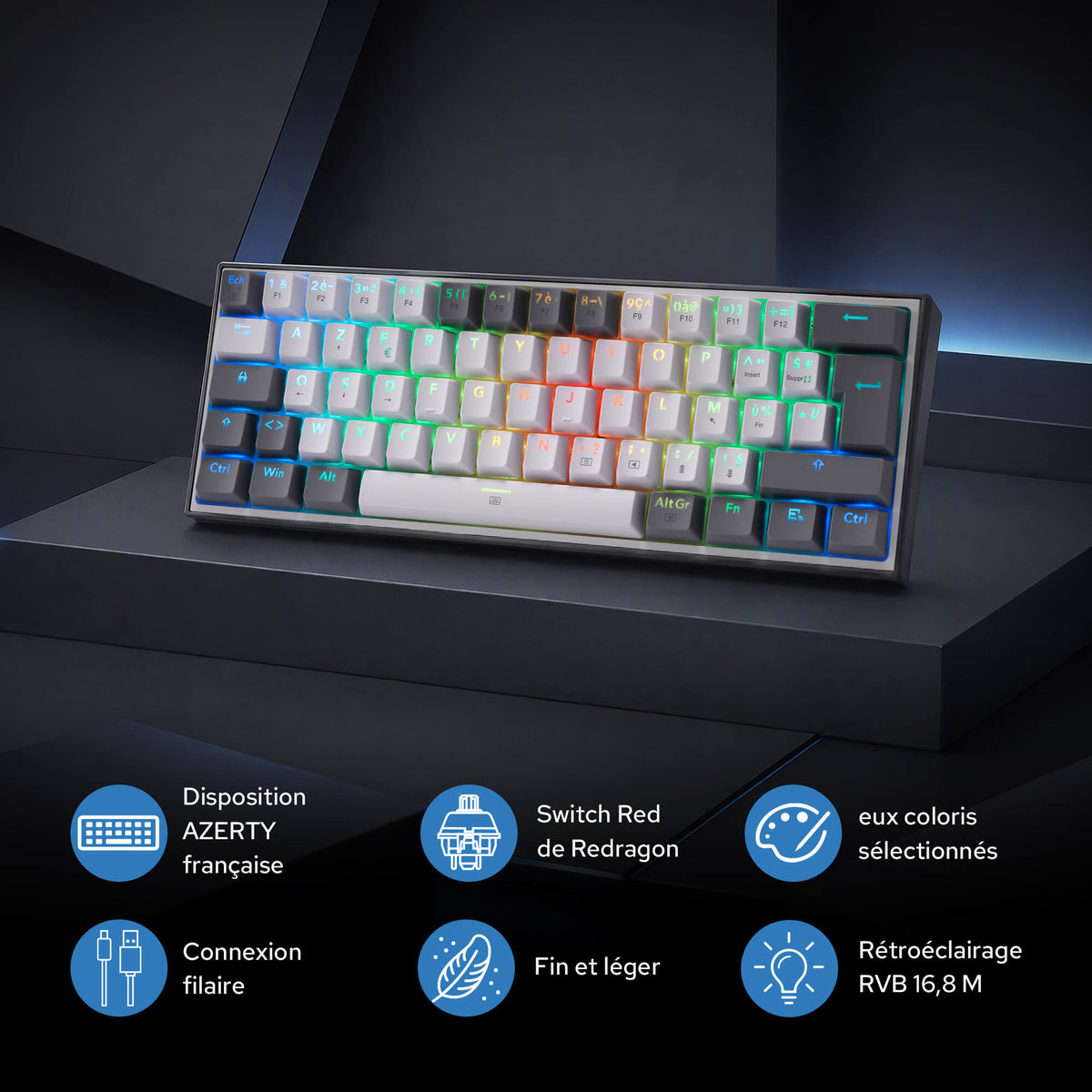  Redragon CB201  AZERTY Kabelgebunden Gaming‑Combo 60%‑Compact‑Layout Hot‑Swap RGB‑Modi, 5 DPI‑Stufen 8000 DPI, 11 programmierbare Maustasten, Makro‑Schnellfeuer‑Funktion, PRO‑Software