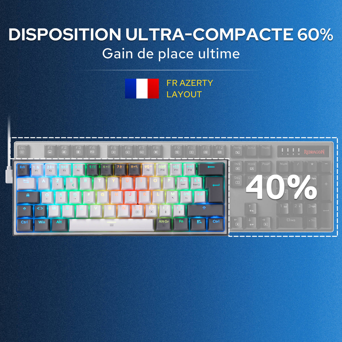 Redragon CB201  AZERTY Kabelgebunden Gaming‑Combo 60%‑Compact‑Layout Hot‑Swap RGB‑Modi, 5 DPI‑Stufen 8000 DPI, 11 programmierbare Maustasten, Makro‑Schnellfeuer‑Funktion, PRO‑Software