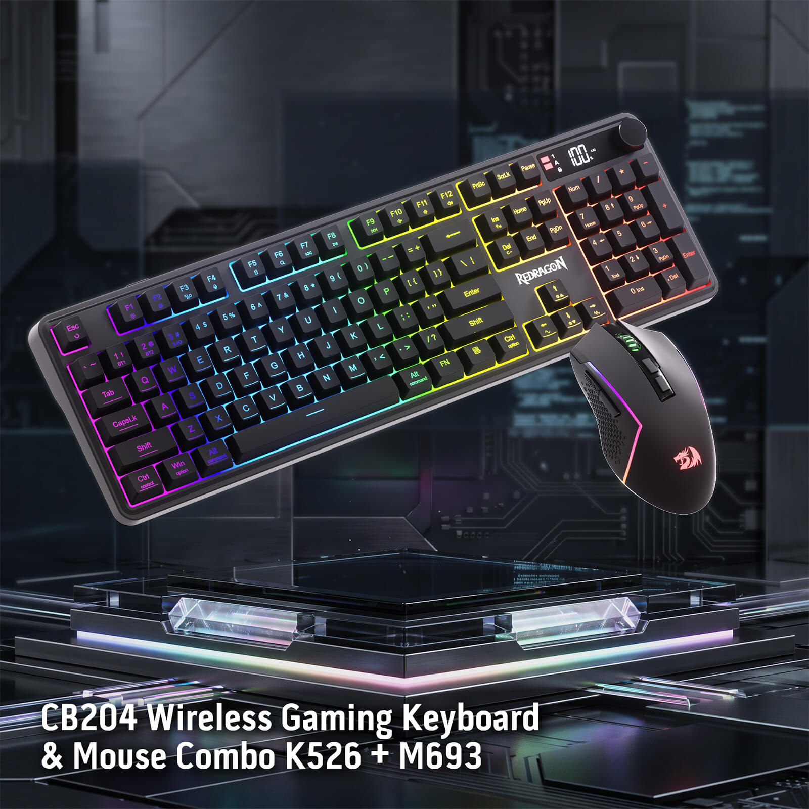 Redragon Wireless K526 PRO Membrane Keyboard & M693 PRO Gaming Mouse Combo | LED Info Display & Knob, 0-Delay Tri-Mode Both Devices, Adjustable DPI Up to 4800, Shared Dongle for Cordless Desktop