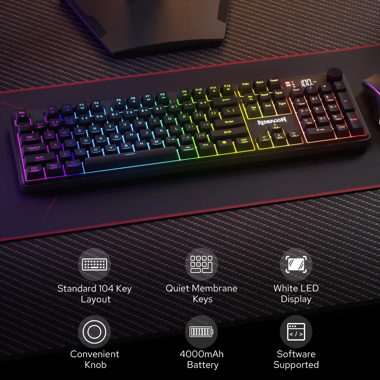 Redragon Wireless K526 PRO Membrane Keyboard & M693 PRO Gaming Mouse Combo | LED Info Display & Knob keyboard