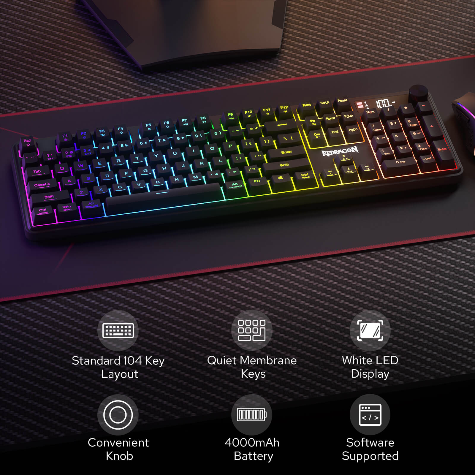 Redragon Wireless K526 PRO Membrane Keyboard & M693 PRO Gaming Mouse Combo | LED Info Display & Knob keyboard