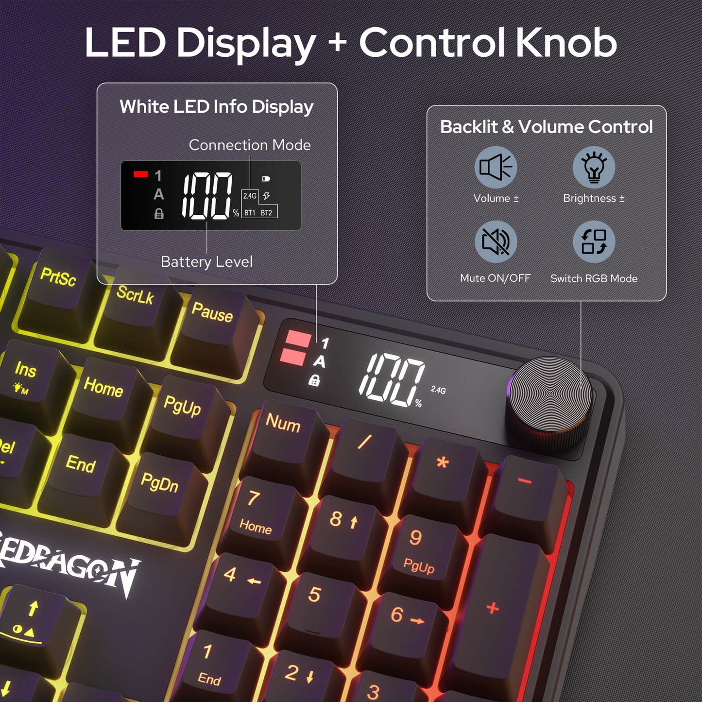 Redragon Wireless K526 PRO Membrane Keyboard & M693 PRO Gaming Mouse Combo | LED Info Display & Knob, 0-Delay Tri-Mode Both Devices, Adjustable DPI Up to 4800, Shared Dongle for Cordless Desktop