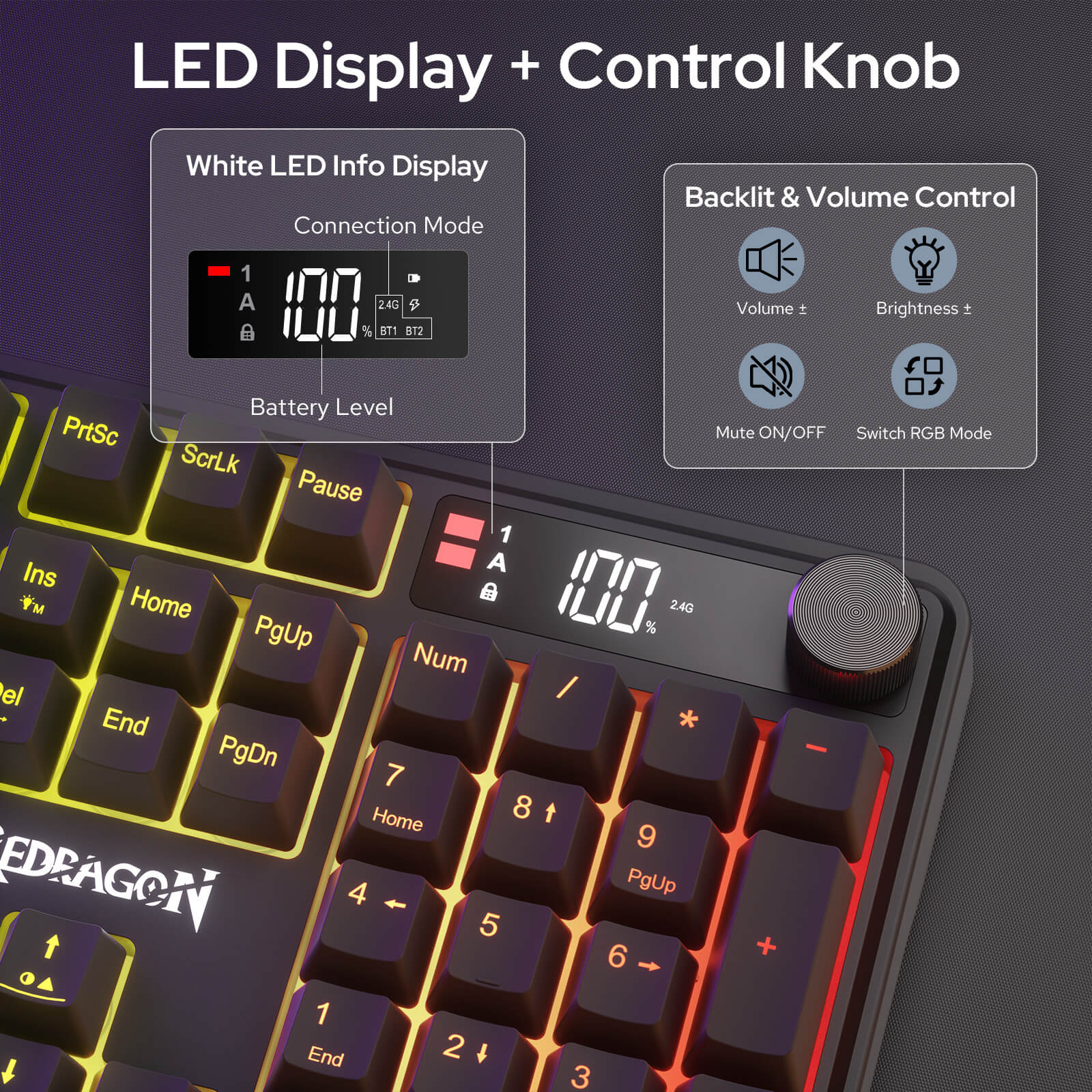 Redragon Wireless K526 PRO Membrane Keyboard & M693 PRO Gaming Mouse Combo | LED Info Display & Knob, 0-Delay Tri-Mode Both Devices, Adjustable DPI Up to 4800, Shared Dongle for Cordless Desktop