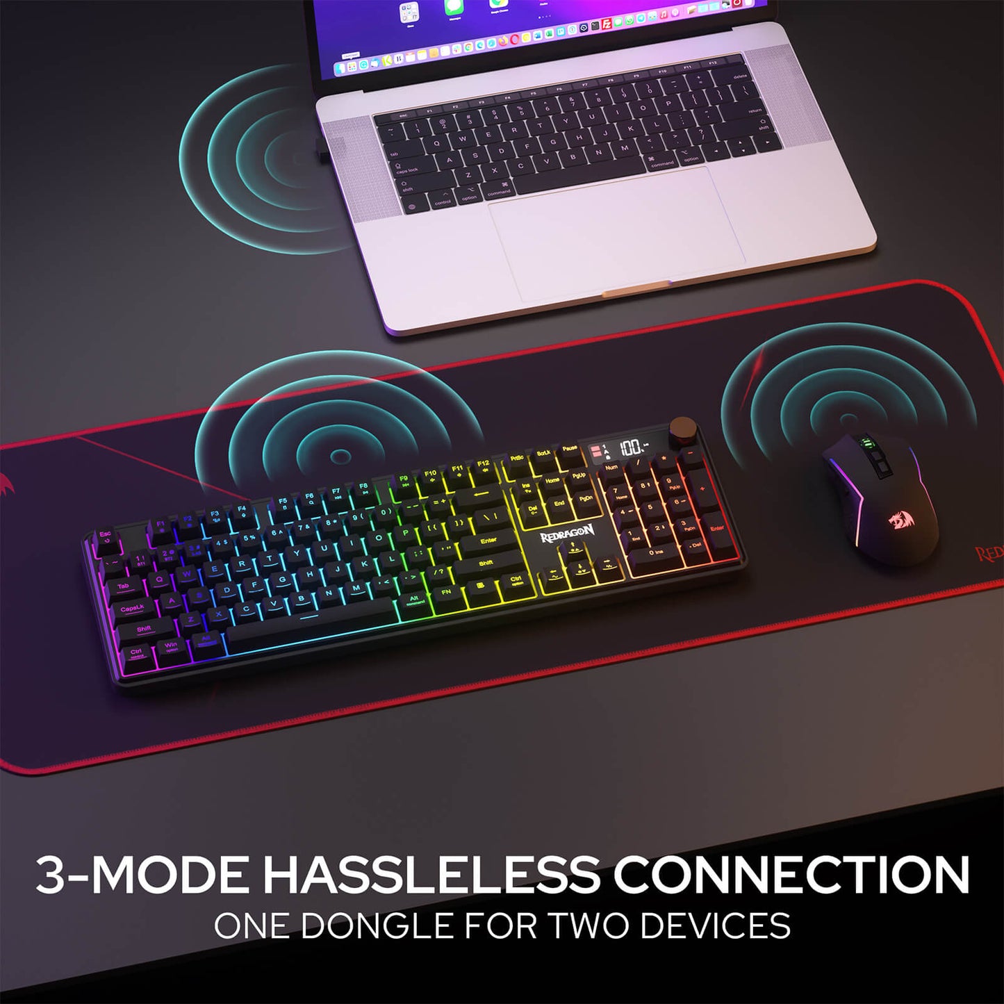 Redragon Wireless K526 PRO Membrane Keyboard & M693 PRO Gaming Mouse Combo | 0-Delay Tri-Mode Both Devices, Shared Dongle for Cordless Desktop