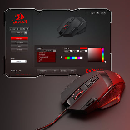 This image shows a Redragon gaming mouse (lit in red RGB) paired with its customization software interface, which allows adjusting lighting effects, colors, and other settings for personalized use.