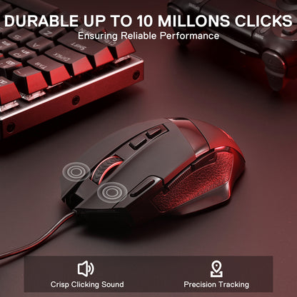 This image highlights a gaming mouse’s 10-million-click durability, paired with a red keyboard/controller—also noting its crisp click sound and precise tracking.