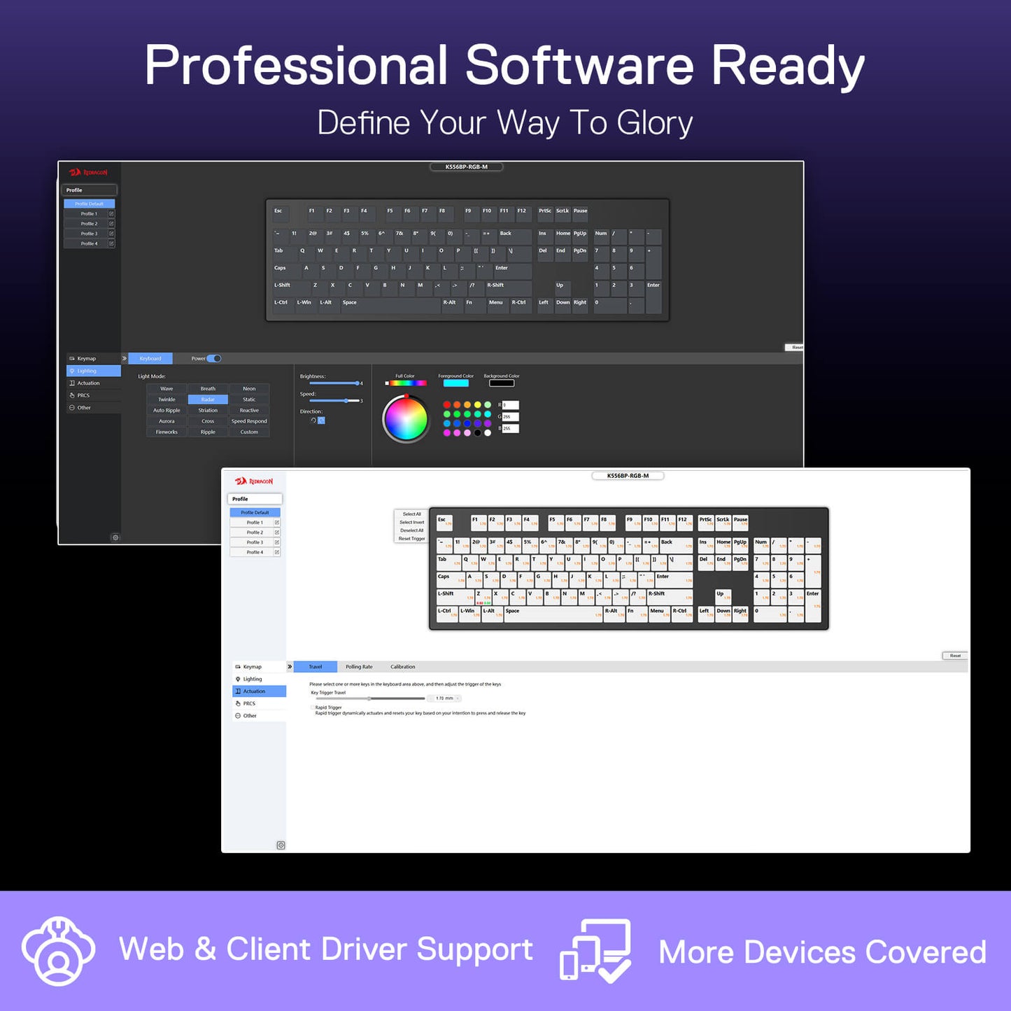 This graphic highlights a keyboard’s "Professional Software Ready" capability: it shows a customization interface (for lighting, macros, etc.) and notes support for web/client drivers.