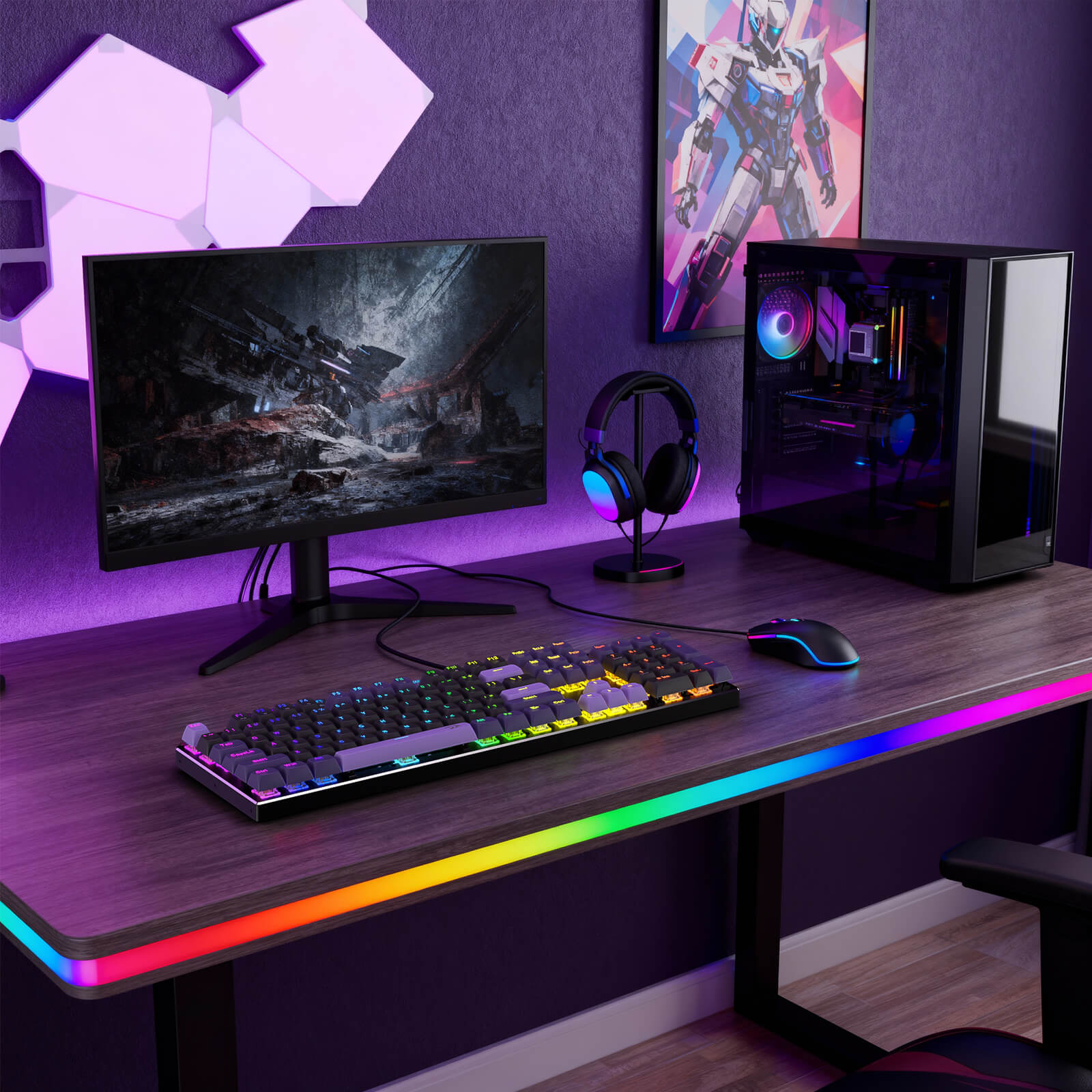 A gaming setup (featuring the RGB-lit keyboard, mouse, headset, and PC) is staged on a desk with a purple-lit wall, showcasing the keyboard’s fit in a modern gaming environment.