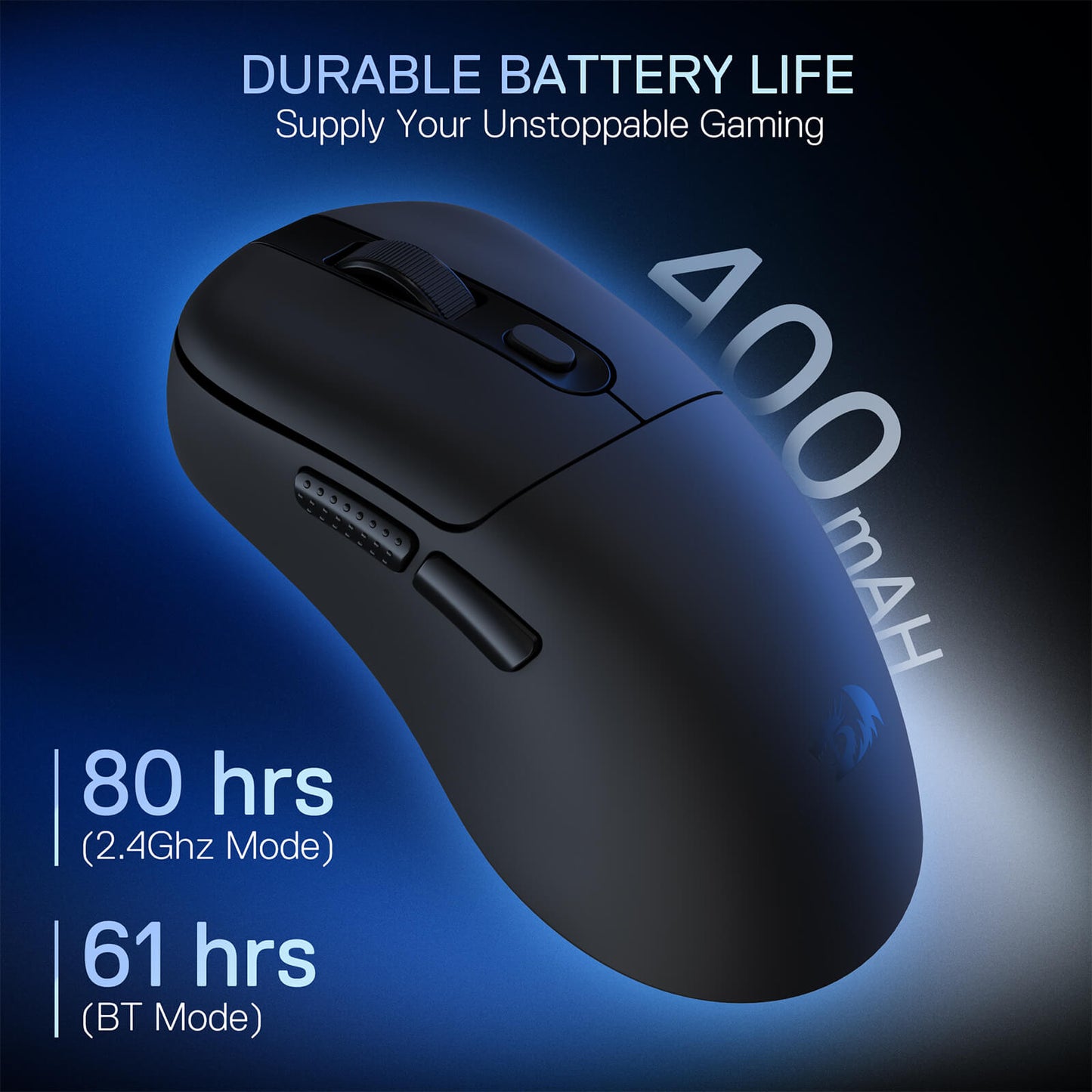 The Redragon wireless gaming mouse highlights its 400mAh battery, delivering 80 hours of use in 2.4GHz mode and 61 hours in Bluetooth mode for uninterrupted gaming.