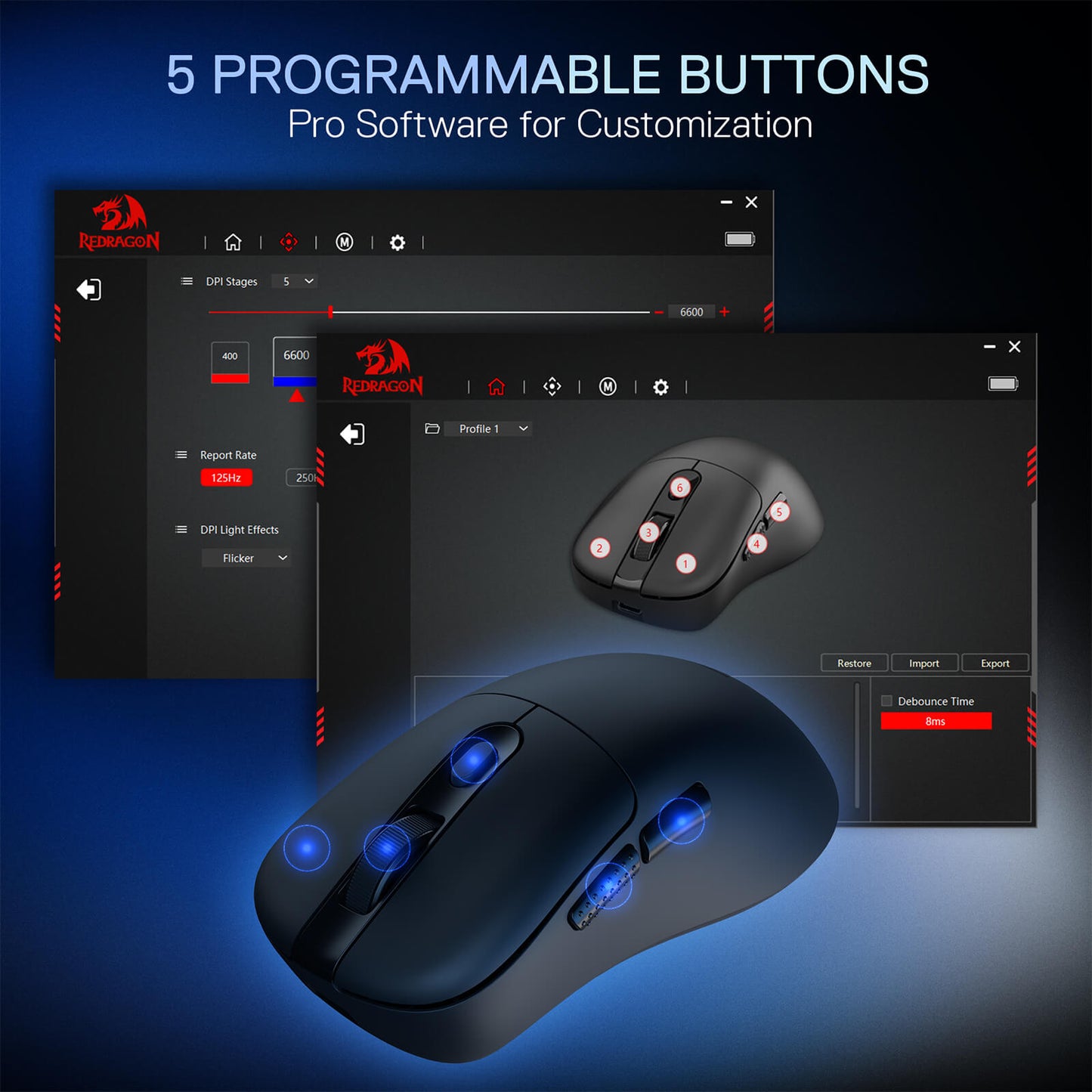 The mouse’s 5 programmable buttons are showcased, paired with Redragon Pro Software for customizing DPI, lighting, and button functions.