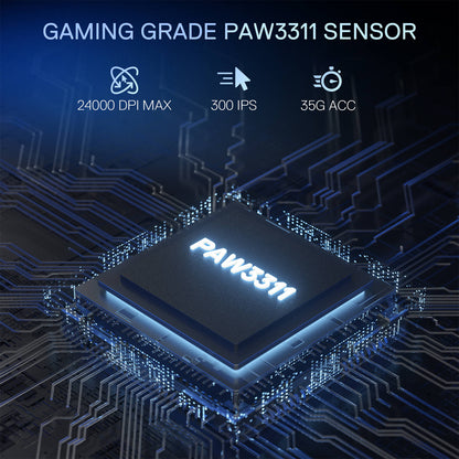 The high-performance PAW3311 gaming sensor is featured, offering up to 24,000 DPI, 300 IPS tracking speed, and 35G acceleration for precise movement.