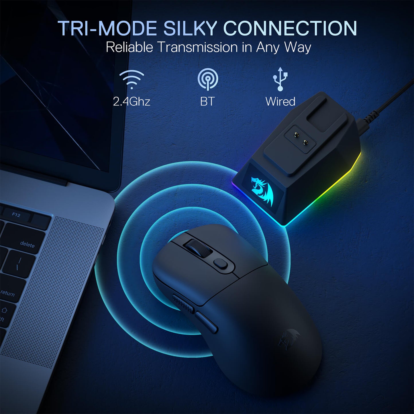 The mouse’s tri-mode connectivity (2.4GHz, Bluetooth, wired) is demonstrated, ensuring reliable transmission across laptops and other devices