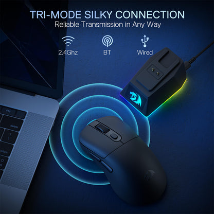 The mouse’s tri-mode connectivity (2.4GHz, Bluetooth, wired) is demonstrated, ensuring reliable transmission across laptops and other devices