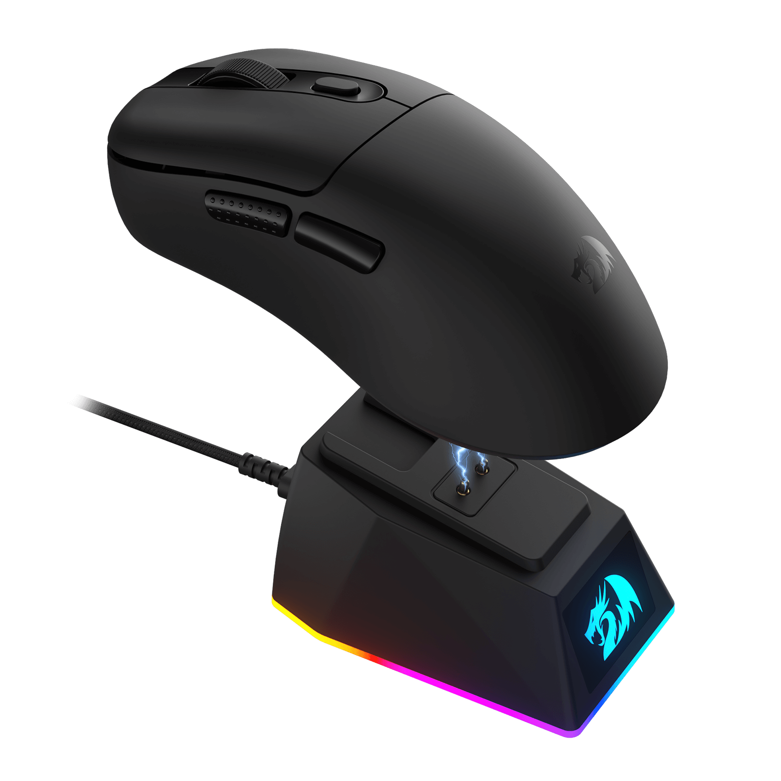 The Redragon gaming mouse is shown hovering over its magnetic RGB charging dock, with a wired connection and glowing RGB lighting on the dock.