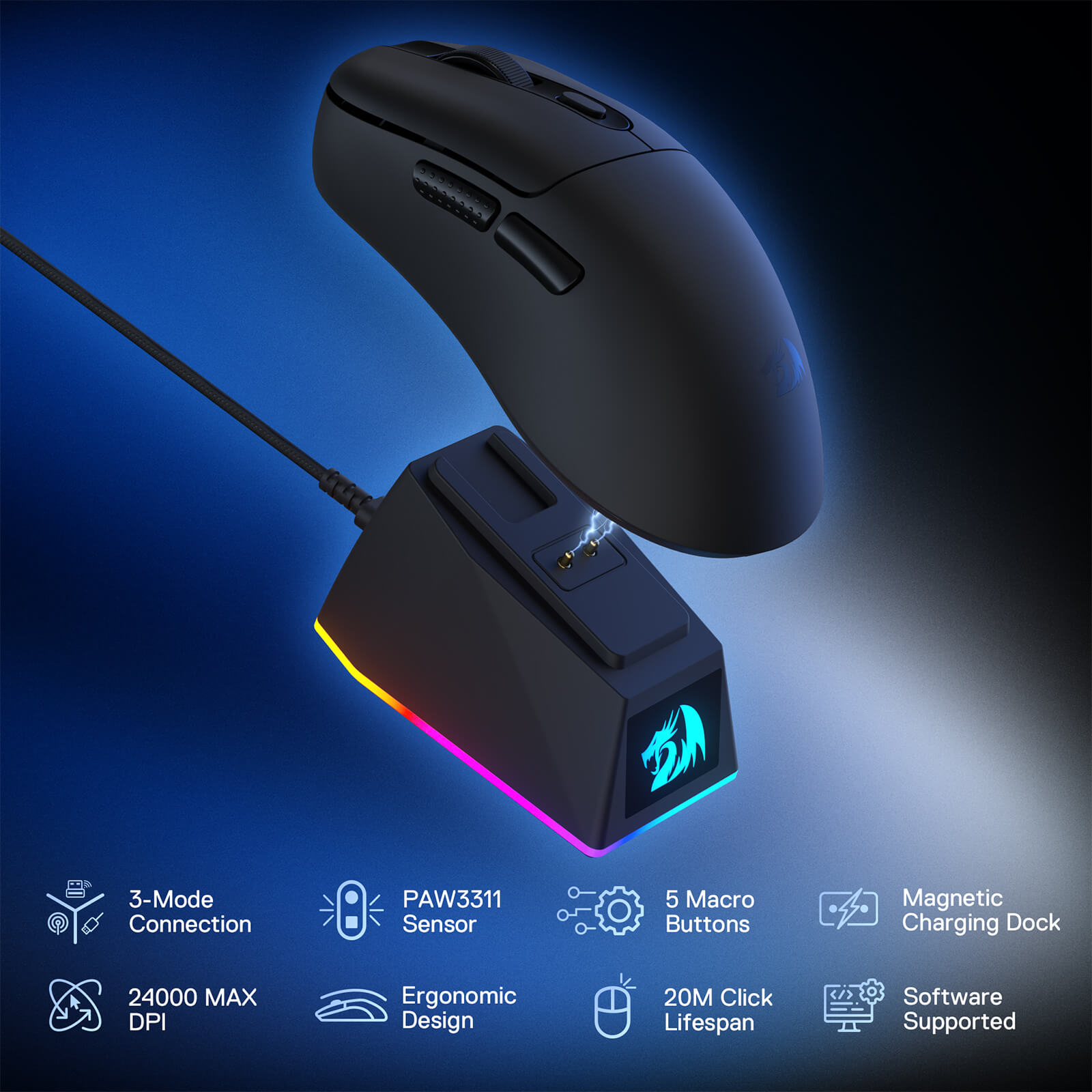 An overview of the mouse’s key features is provided, including tri-mode connection, PAW3311 sensor, 5 macro buttons, magnetic RGB dock, and 20M click lifespan.