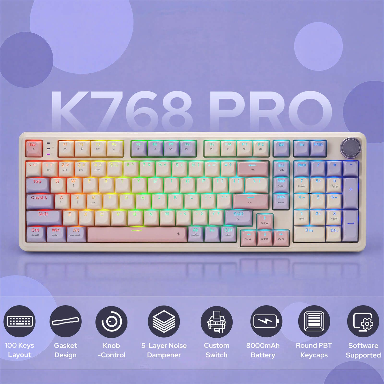 Redragon K768 PRO 100 Keys Wireless Gasket RGB Gaming Keyboard, Massive 8000 mAh PBT Mechanical Keyboard w/Hot-Swap Socket, Dedicated Knob Control & 5-Layer Noise Dampening, Custom Yolk Linear Switch