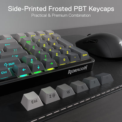 The keyboard’s side-printed frosted PBT keycaps are showcased (with some removed), emphasizing their premium, durable design and compatibility with RGB backlighting.