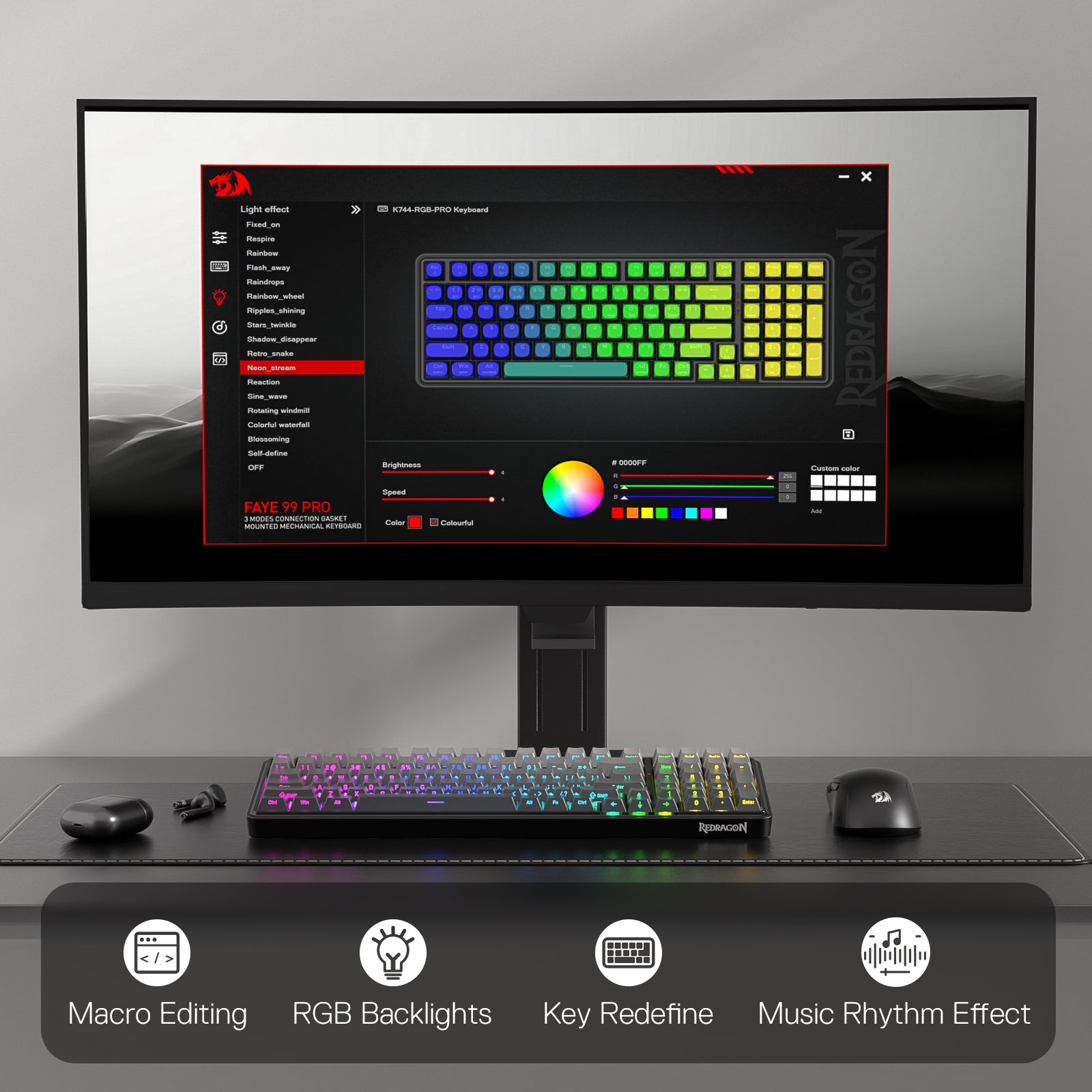 A gaming setup (keyboard, mouse, monitor) is paired with software that enables macro editing, RGB customization, key redefinition, and music rhythm effects for the K744 PRO keyboard.