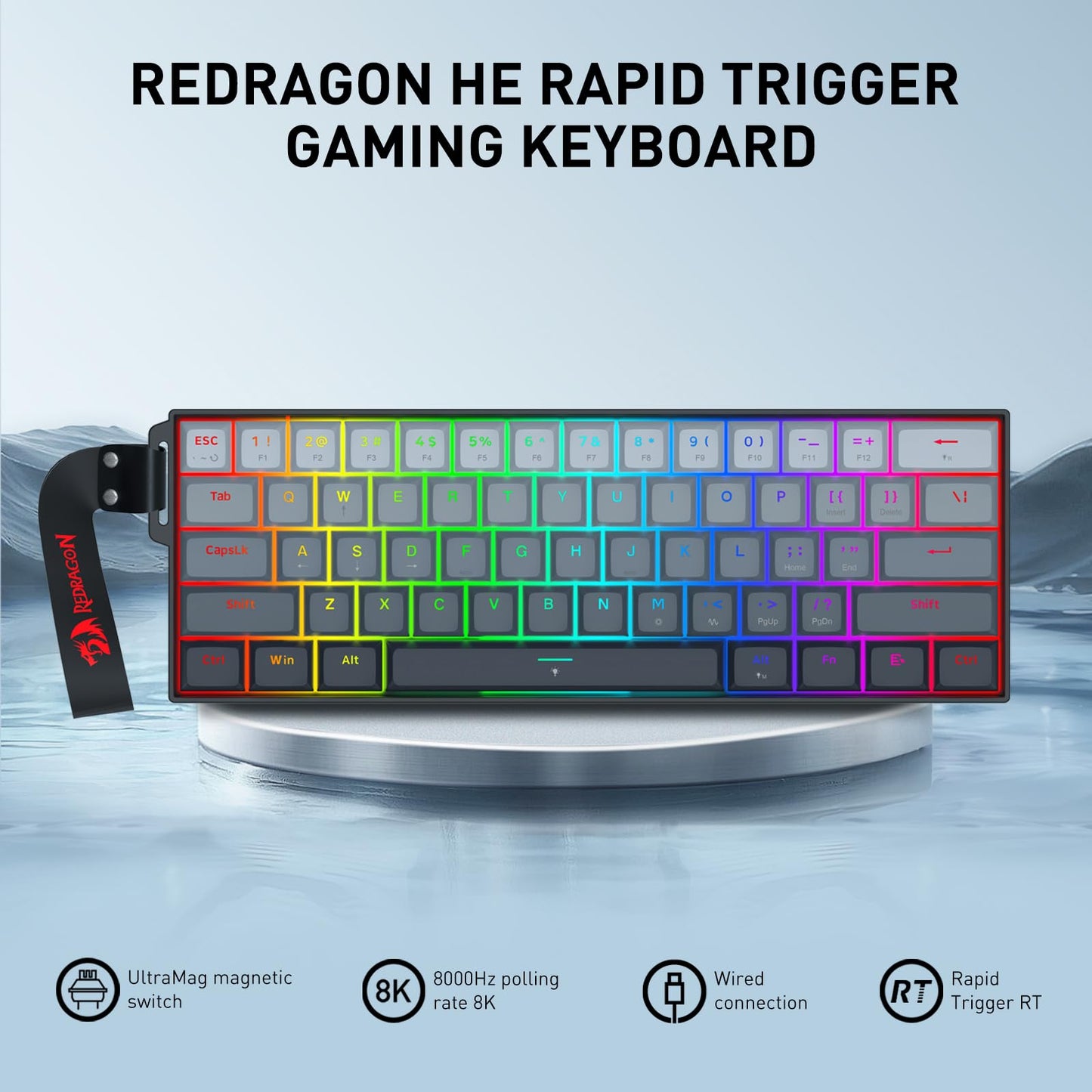 Redragon K617 HE Rapid Trigger Gaming Keyboard, 60% 61 Keys Wired Mechanical Keyboard w/Adjustable Hyper-Fast Actuation, Dedicated Hall Effect Magnetic Switch, PBT Gradient Keycap Strap Version