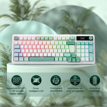 Clavier gaming sans fil Redragon K719 avec écran Hype et molette, clavier mécanique à 95 touches, écran d'information TFT 1,14 pouces facile à contrôler, isolation phonique à 5 couches, commutateurs linéaires personnalisés, couleur Jade Cloud